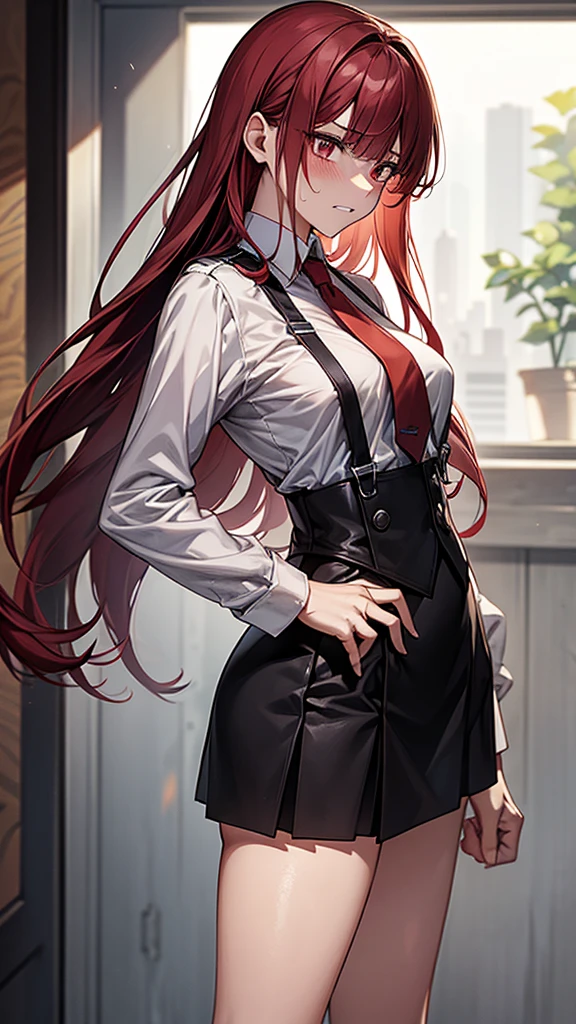 {{masterpiece}}, {{{Highest quality}}},{{Very detailed}}, {{figure}},{{tall}},{{Adult female}},,{{Fighting stance}},{from side},{{Long sleeve mini skirt uniform}},{}},}}{}},{fighting stance}},{},{}, ,{{}},{{Eyelet foot}},,{{blushing with anger}},{{}},,{{}},{{}},,Slender body}}{{}}{{Female police officer}},,,,suspenders ,Long sleeve mini skirt uniform, White High Socks,Black fingerless gloves, Long Red Hair, Red tie,Straight hair ,Blunt bangs,Thigh holster,.amountn loafer,,blush,Wrinkles ,amount,Grit your teeth,suffering,v-shaped eyebrows.,Sweat dripping,Medium chest ,get annoyed,,Slums,,Twisting,