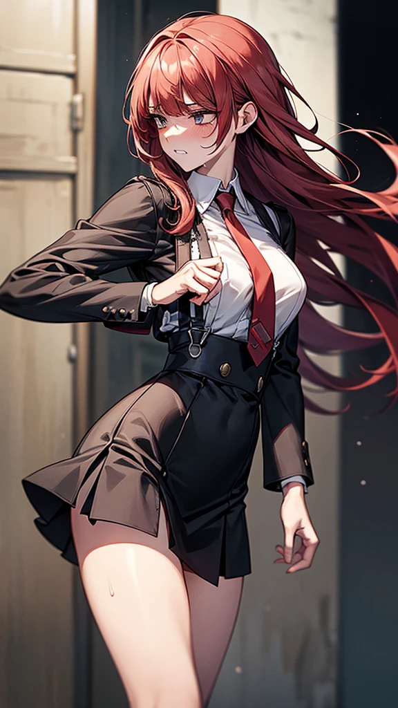{{masterpiece}}, {{{Highest quality}}},{{Very detailed}}, {{figure}},{{tall}},{{Adult female}},,{{Fighting stance}},{from side},{{Long sleeve mini skirt uniform}},{}},}}{}},{fighting stance}},{},{}, ,{{}},{{Eyelet foot}},,{{blushing with anger}},{{}},,{{}},{{}},,Slender body}}{{}}{{Female police officer}},,,,suspenders ,Long sleeve mini skirt uniform, White High Socks,Black fingerless gloves, Long Red Hair, Red tie,Straight hair ,Blunt bangs,Thigh holster,.amountn loafer,,blush,Wrinkles ,amount,Grit your teeth,suffering,v-shaped eyebrows.,Sweat dripping,Medium chest ,get annoyed,,Slums,,Twisting,