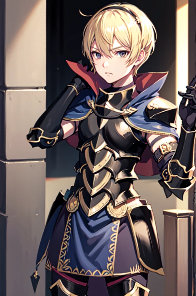 leon, 1boy, blonde hair, short hair, hairband, black armor, leon outfit, upper body, cape standing, arms up, black eyes