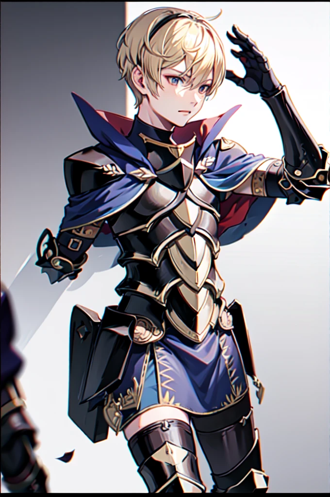 leon, 1boy, blonde hair, short hair, hairband, black armor, leon outfit, upper body, cape standing, arms up, black eyes