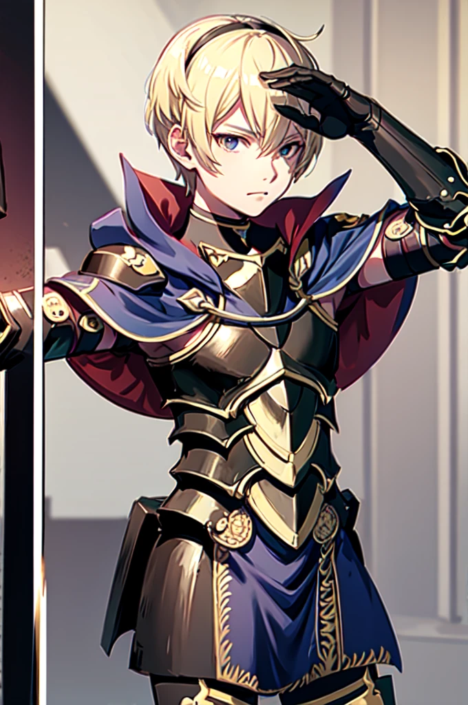 leon, 1boy, blonde hair, short hair, hairband, black armor, leon outfit, upper body, cape standing, arms up, black eyes