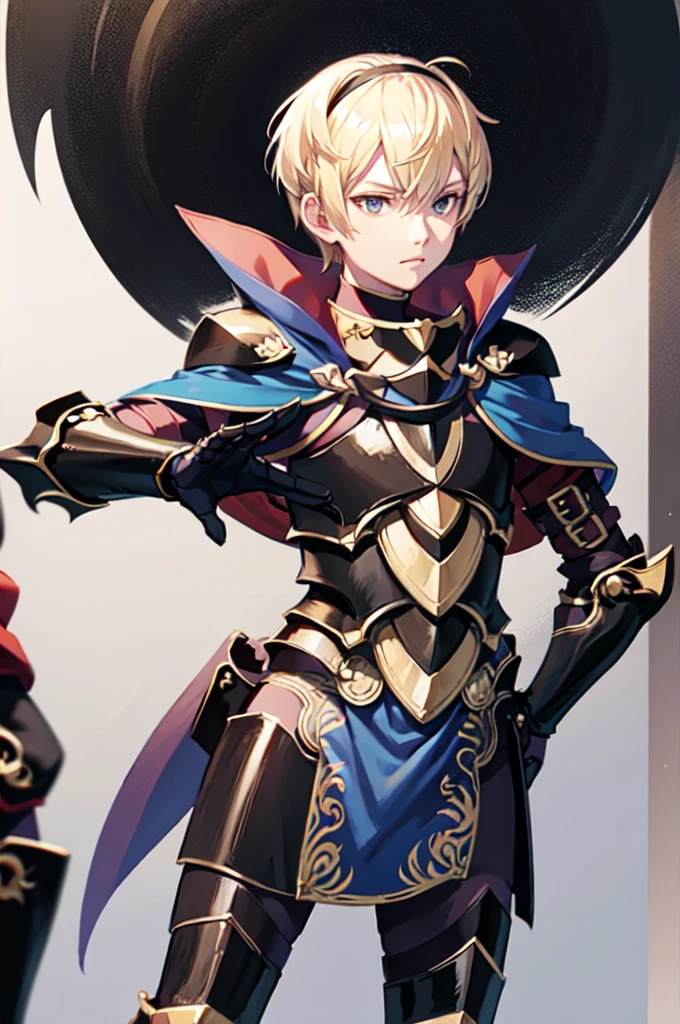 leon, 1boy, blonde hair, short hair, hairband, black armor, leon outfit, upper body, cape standing, arms up, black eyes