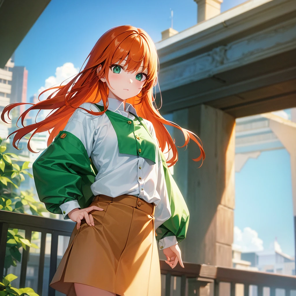 Girl orange hair green eyes and white skirt with long sleeve shirt