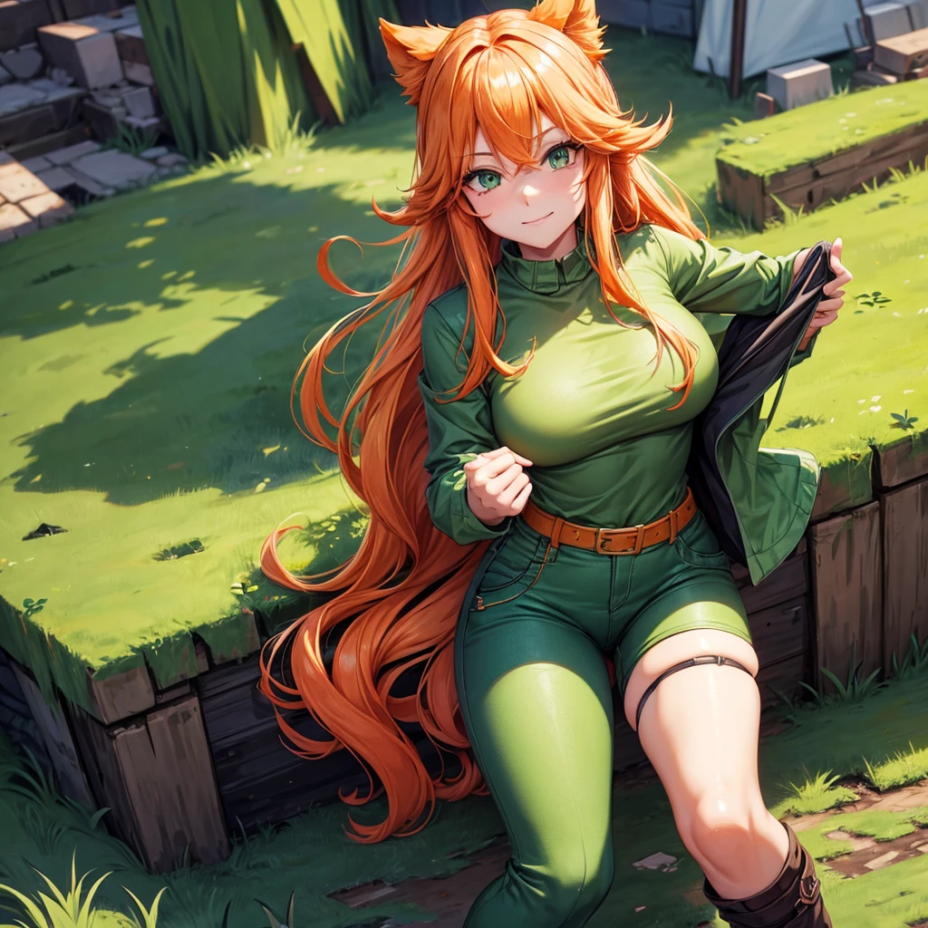 She's a girl from Minecraft. She has orange hair and wears a green outfit. Her pants are brown. Make her look sexy. Draw her having sex Draw her sexier a lot more Draw it +18