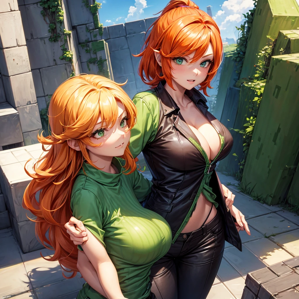 She's a girl from Minecraft. She has orange hair and wears a green outfit. Her pants are brown. Make her look sexy. Draw her having sex Draw her sexier a lot more Draw it +18