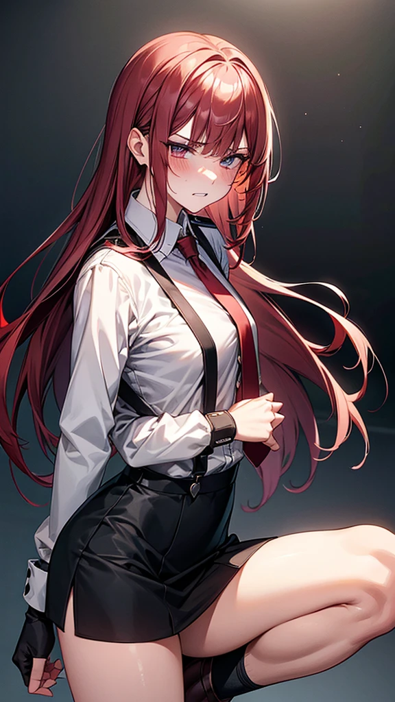 {{masterpiece}}, {{{Highest quality}}},{{Very detailed}}, {{figure}},{{tall}},{{Adult female}},,{{Fighting stance}},｛from side｝,{{Long sleeve mini skirt uniform}},{}},}}{}},{fighting stance}},{},{}, ,{{}},{{Eyelet foot}},,{{blushing with anger}},{{}},,{{}},{{}},,Slender body}}{{}}{{Female police officer}},,,,suspenders　,Long sleeve mini skirt uniform, White High Socks,Black fingerless gloves, Long Red Hair, Red tie,Straight hair ,Blunt bangs,Thigh holster,.amountn loafer,,blush,Wrinkles ,amount,Grit your teeth,suffering,v-shaped eyebrows.,Sweat dripping,Medium chest ,get annoyed,,Slums,,Twisting,