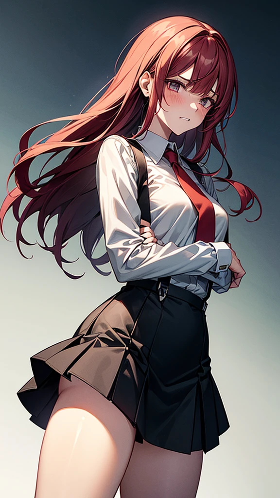 {{masterpiece}}, {{{Highest quality}}},{{Very detailed}}, {{figure}},{{tall}},{{Adult female}},,{{Fighting stance}},{from side},{{Long sleeve mini skirt uniform}},{}},}}{}},{fighting stance}},{},{}, ,{{}},{{Eyelet foot}},,{{blushing with anger}},{{}},,{{}},{{}},,Slender body}}{{}}{{Female police officer}},,,,suspenders ,Long sleeve mini skirt uniform, White High Socks,Black fingerless gloves, Long Red Hair, Red tie,Straight hair ,Blunt bangs,Thigh holster,.amountn loafer,,blush,Wrinkles ,amount,Grit your teeth,suffering,v-shaped eyebrows.,Sweat dripping,Medium chest ,get annoyed,,Slums,,Twisting,
