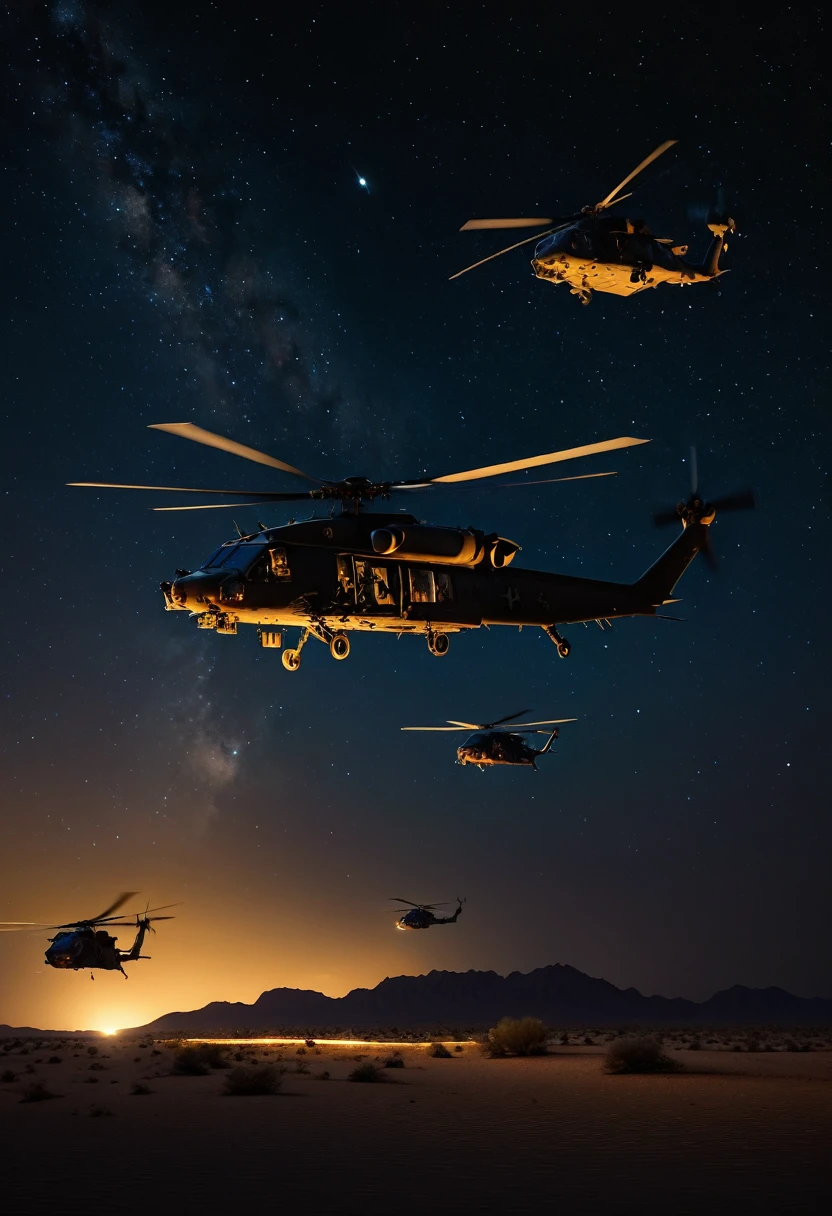 A realistic image of 5 big  U.S military helicopters flying above a desert, very dark night sky at night, 4k, 8k, 16k, Volumetric Lighting, stars in night sky, midnight, galaxy, beautiful , close shot, 