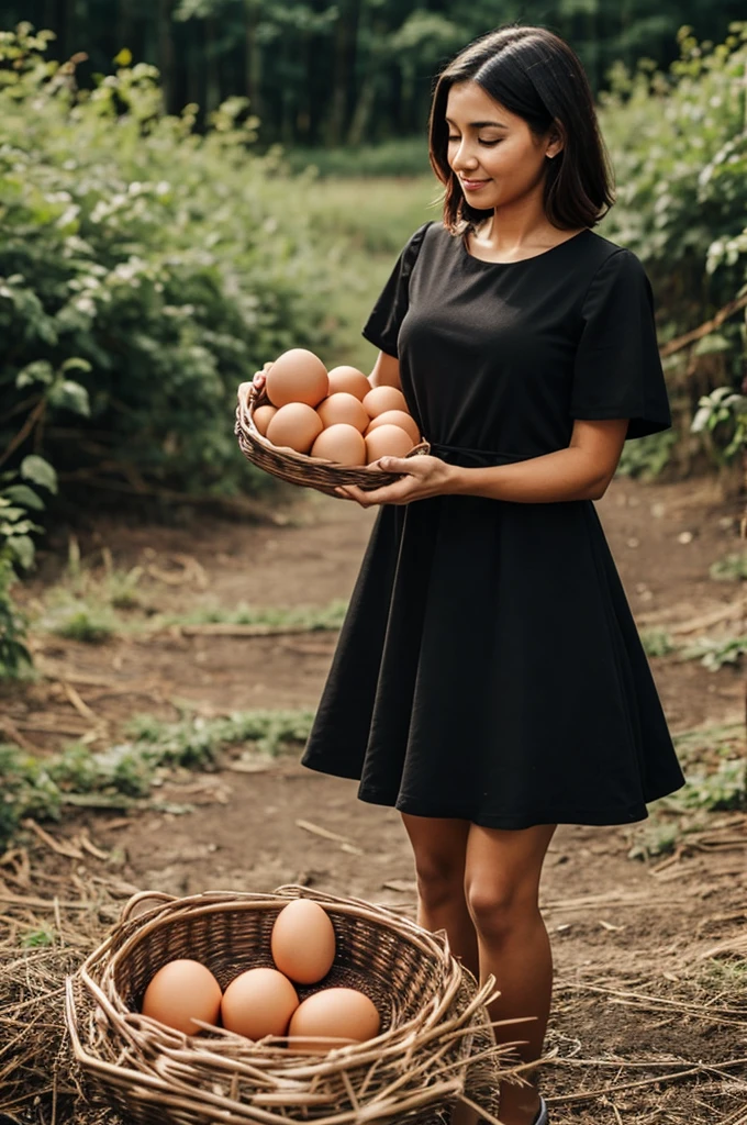 Woman wearing a short black dress collecting hen eggs