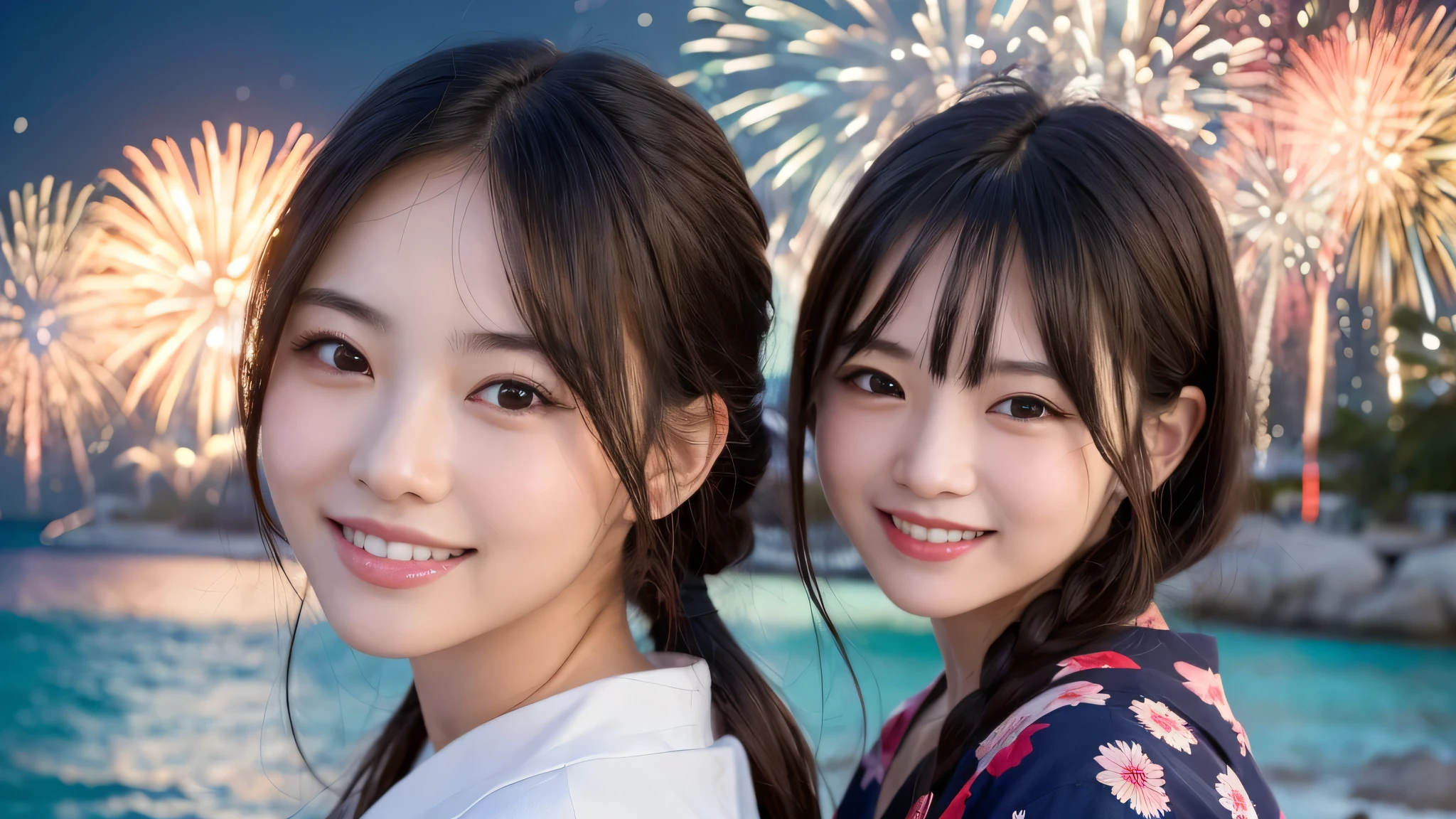 kawaii face, (1girl), (happy smile:1.2), (yukata), (Best Quality:1.4), Realistic, extremely detailed CG unified 8k wallpaper, highly detailed, High-definition raw color photos, professional photography, Realistic portrait, Beautiful detailed, Close up portrait of girl, Outdoors, Beautiful scenery, beach, (The night sky, fireworks, beautiful fireworks spreading across the sky:1.4), so beautiful, upper body photos, amazingly beautiful sight, A wonderful, (Fine face:1.2),