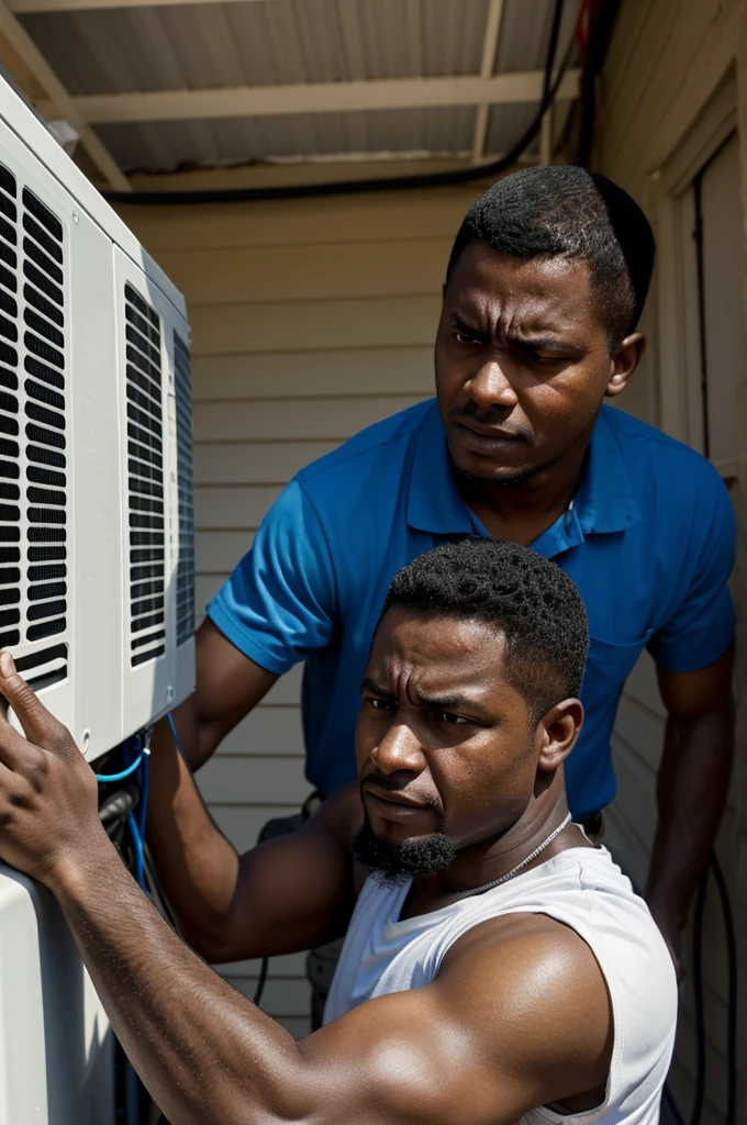 The Struggle An unexperinced  black who is not a technician  clearly frustrated yet determined trying to install an air conditioner on his palour wall , muttering under his breath.  Sweat beaded on his forehead, working on a partially installed AC unit. It was clear this battle between man and machine wasn't going as planned as things were falling apart