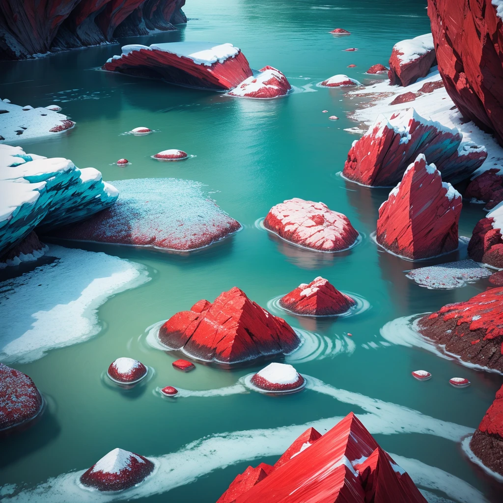 crystalline river with red, blue and green crystallized mineral rocks