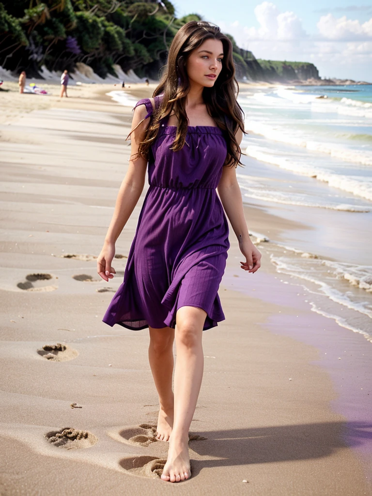 brunette woman with long, wavy brown hair, wearing a short purple dress, walking on the beach