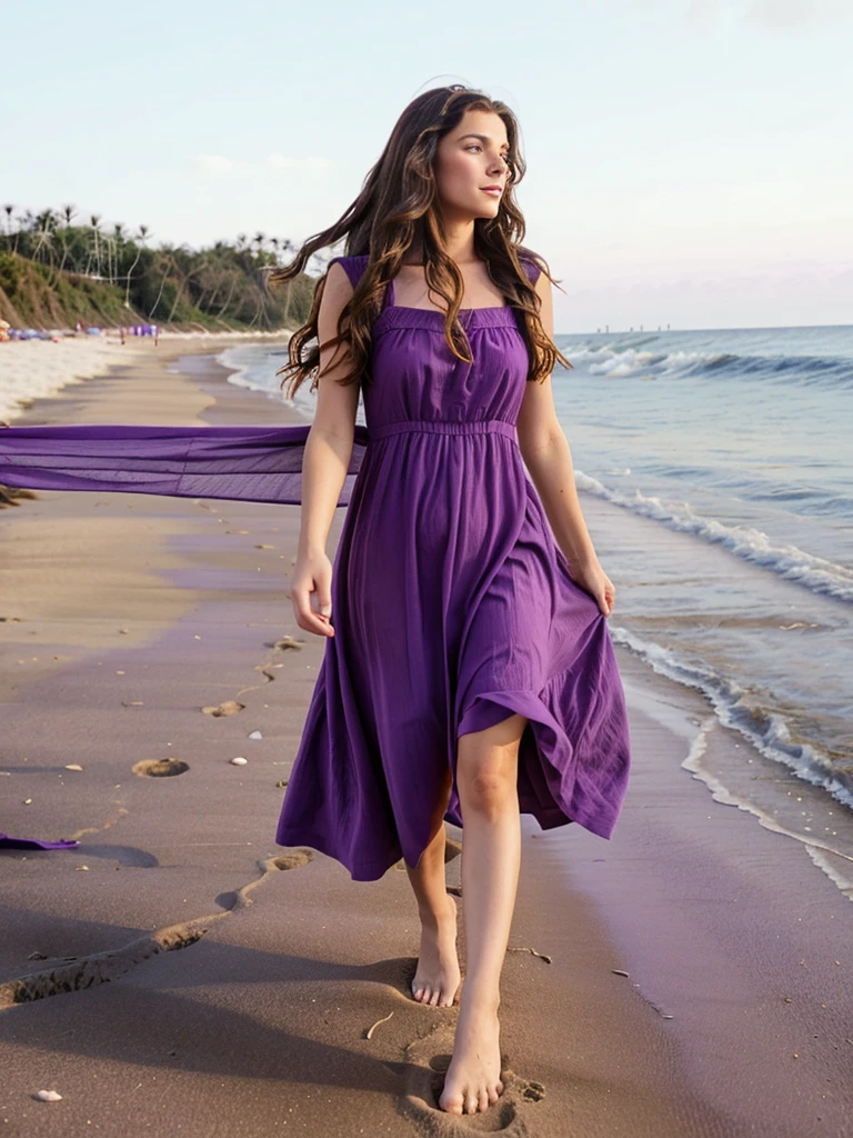 brunette woman with long, wavy brown hair, wearing a short purple dress, walking on the beach