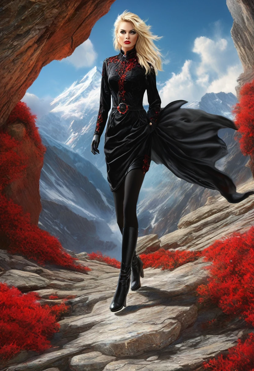 π×(9+2+3)^(2)+1123369853, a beautiful woman is walking trough a rocky mountains scenario. She is dressed in black and scarlet. She is blonde and has((demonic eyes)),((dark energy aura)),three quarter wiew, fractal,((deep wiew)),((changing perspectives)), warped space background, rocky mountains scenario,photographic,ultra high resolution,hyperdetailed, masterpiece, 3d modelling, abstract art.