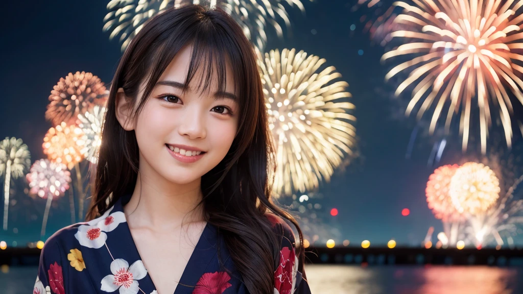 kawaii face, (1girl), (happy smile:1.2), (yukata), (Best Quality:1.4), Realistic, extremely detailed CG unified 8k wallpaper, highly detailed, High-definition raw color photos, professional photography, Realistic portrait, Beautiful detailed, Close up portrait of girl, Outdoors, Beautiful scenery, beach, (The night sky, fireworks, beautiful fireworks spreading across the sky:1.4), so beautiful, upper body photos, amazingly beautiful sight, A wonderful, (Fine face:1.2),