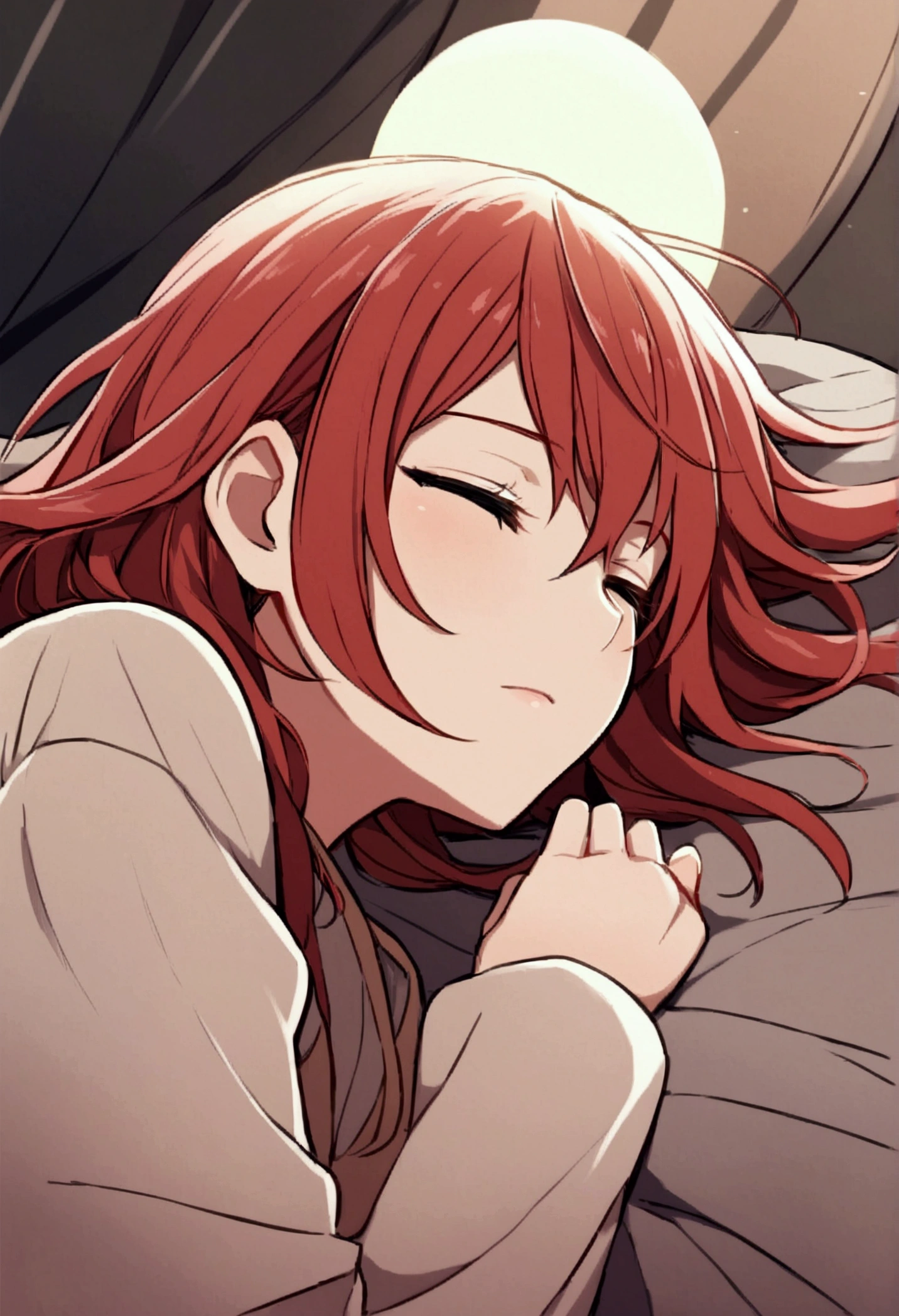 A young red-haired bard waking up still drowsy, rise sun