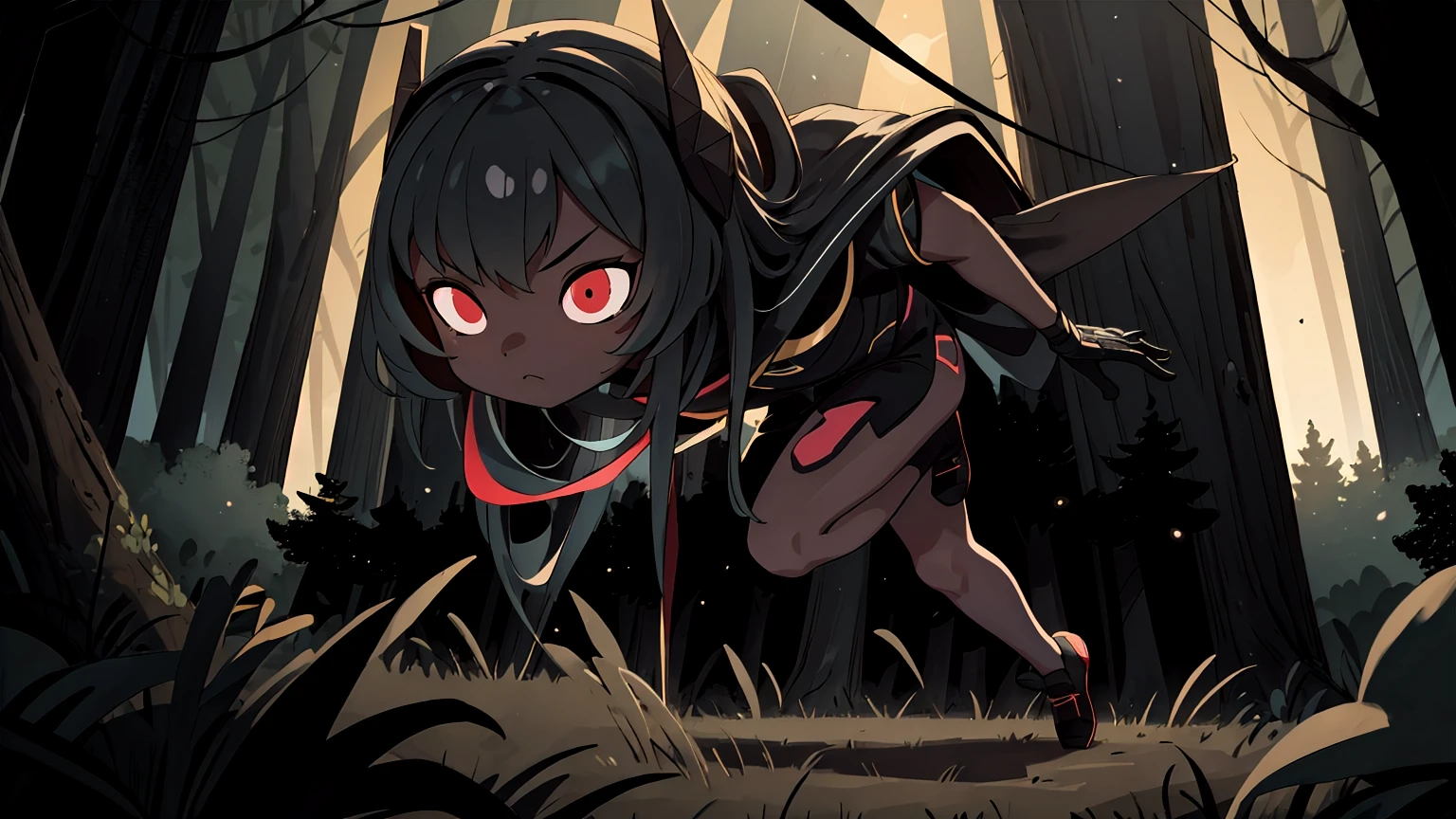 (high quality, best quality, 4k, 2k, (intricate:1.1), (high detail:1.3)), ((forest, village, night)), (official wallpaper, volumetric lighting, dynamic lighting),
1girl, solo,
celestial skin, dark celestialskin body , void cosmic body, colored skin, flat color, jet black skin, silhouette,
full body, running,