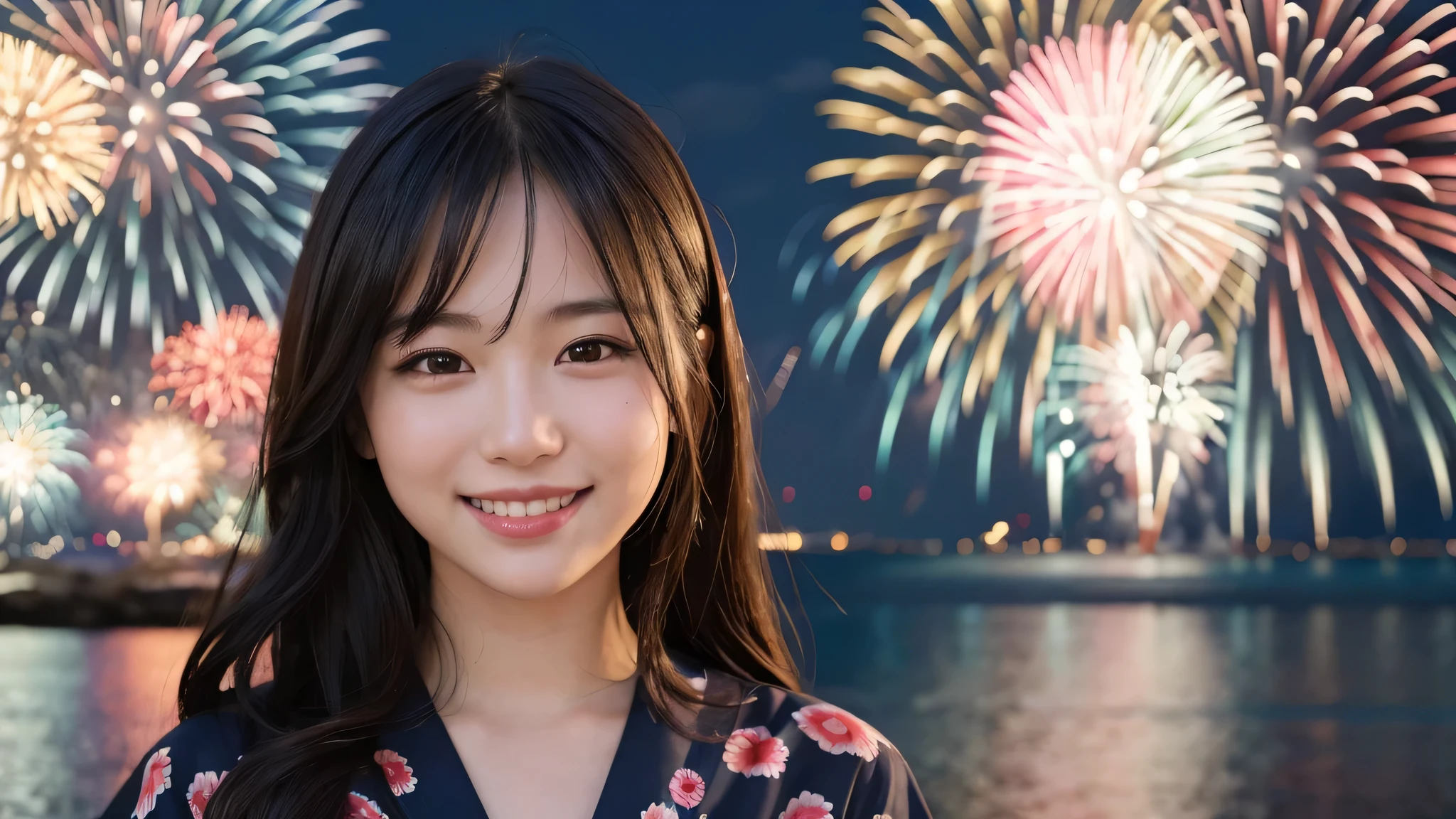 kawaii face, (1girl), (happy smile:1.2), (yukata), (Best Quality:1.4), Realistic, extremely detailed CG unified 8k wallpaper, highly detailed, High-definition raw color photos, professional photography, Realistic portrait, Beautiful detailed, Close up portrait of girl, Outdoors, Beautiful scenery, beach, (The night sky, fireworks, beautiful fireworks spreading across the sky:1.4), so beautiful, upper body photos, amazingly beautiful sight, A wonderful, (Fine face:1.2),