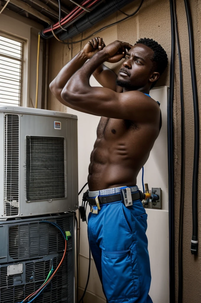 The Struggle An unexperinced  black who is not a technician  clearly frustrated yet determined trying to install an air conditioner on his palour wall , muttering under his breath.  Sweat beaded on his forehead, working on a partially installed AC unit. It was clear this battle between man and machine wasn't going as planned as things were falling apart