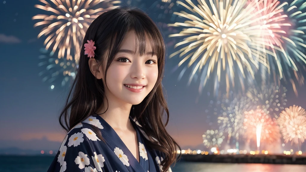 kawaii face, (1girl), (happy smile:1.2), (yukata), (Best Quality:1.4), Realistic, extremely detailed CG unified 8k wallpaper, highly detailed, High-definition raw color photos, professional photography, Realistic portrait, Beautiful detailed, Close up portrait of girl, Outdoors, Beautiful scenery, beach, (The night sky, fireworks, beautiful fireworks spreading across the sky:1.4), so beautiful, upper body photos, amazingly beautiful sight, A wonderful, (Fine face:1.2),