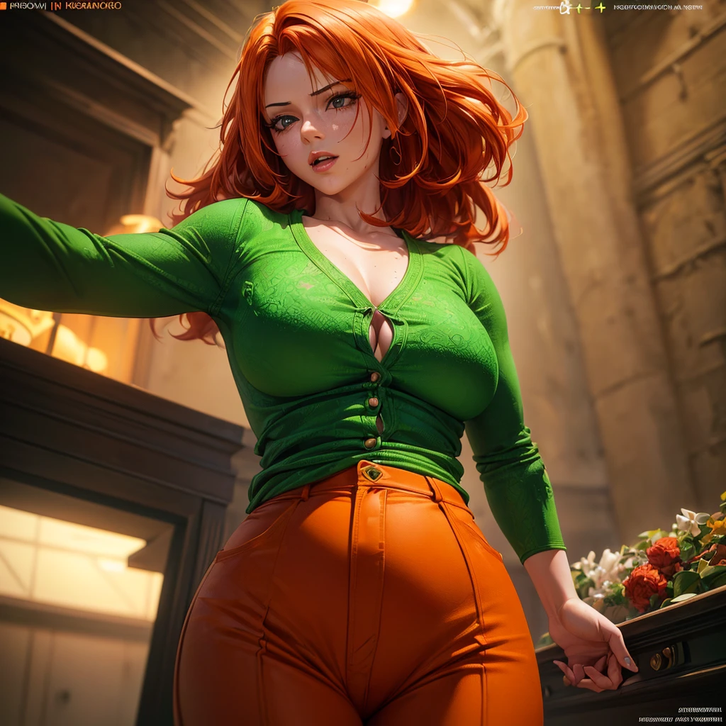 a beautiful girl with orange hair, green outfit, brown pants, (sexy,seductive,erotic pose:1.2),(highly detailed,hyper realistic,extremely detailed:1.4),(photorealistic,cinematic lighting,dramatic lighting:1.3),masterpiece,8k,nsfw,adult content,sexual content,explicit