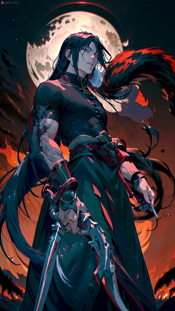 1 man (long black hair) wears (completely black clothes with some metal accessories) (has red spiral pupils) (holds a huge black scythe with one hand, while with the other he makes a great black aura power) (this surrounded by crows and a big black wolf at his side, fire everywhere) (full image, 4k, 8k, high quality.)