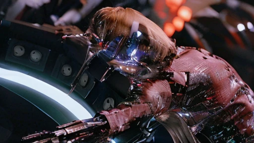 Blonde woman in leather jacket lying on a table with a glass of wine, Kristanna Loken, Natalie Portman and Star Trek, Movie still of a cyborg., Movie still of a cyborg alienígena., Movie still of a cyborg genial., iconic shot, science fiction movie frame, in a science fiction movie, MATRIX PHOTOGRAPHY (1999), shot in the face