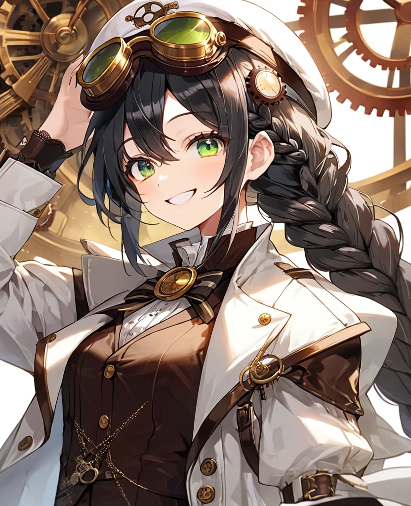 One Girl, (masterpiece), Highest quality, Black Hair, Bob, Braided half-up, Green Eyes, Smile, (low length), (Young), Steampunk costumes, Wear a white coat, Fantasy, White Wings, Newsboy cap with goggles, High resolution