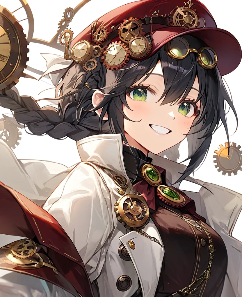 One Girl, (masterpiece), Highest quality, Black Hair, Bob, Braided half-up, Green Eyes, Smile, (low length), (Young), Steampunk costumes, Wear a white coat, Fantasy, White Wings, Newsboy cap with goggles, High resolution