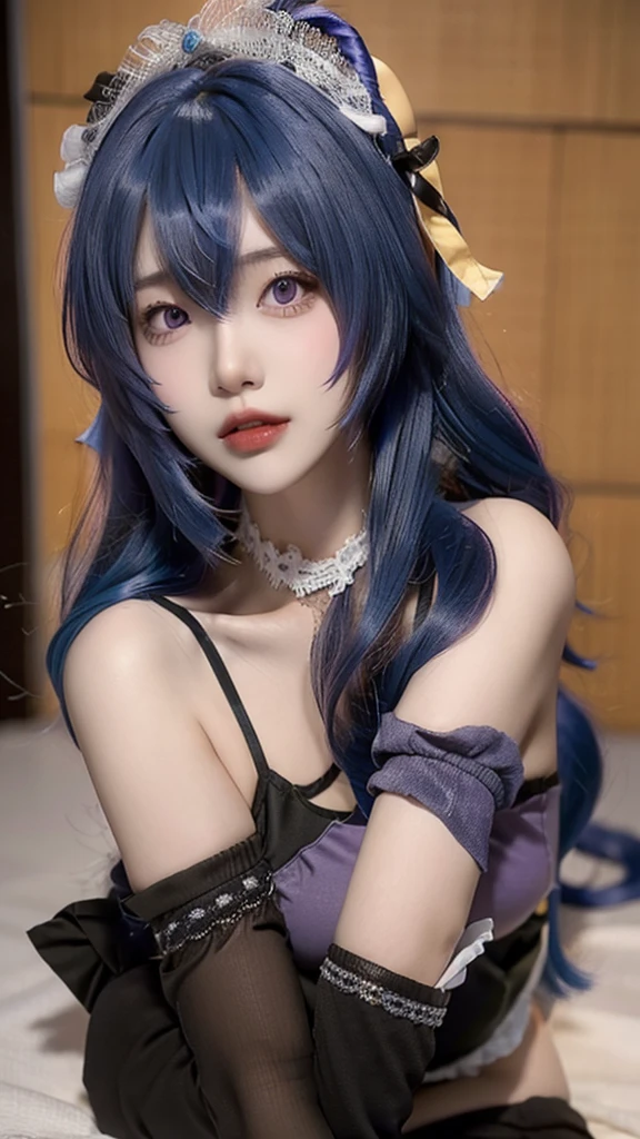 (MP-E, Macro, 65mm, I/2.8),ultra realistic,32K,raw photos,(Highly detailed skin:1.2),8k uh,High quality,hired_maid,1 girl,hired \(Genshin Impact\),alone,blue hair,thigh high,Double Horn,arms separated,purple eyes,maid dress,Iull body,long hair,Black knee-length socks,cosplay,Alternate clothing,look at viewer,smooth,maid headdress,bare shoulders,no Ioot  