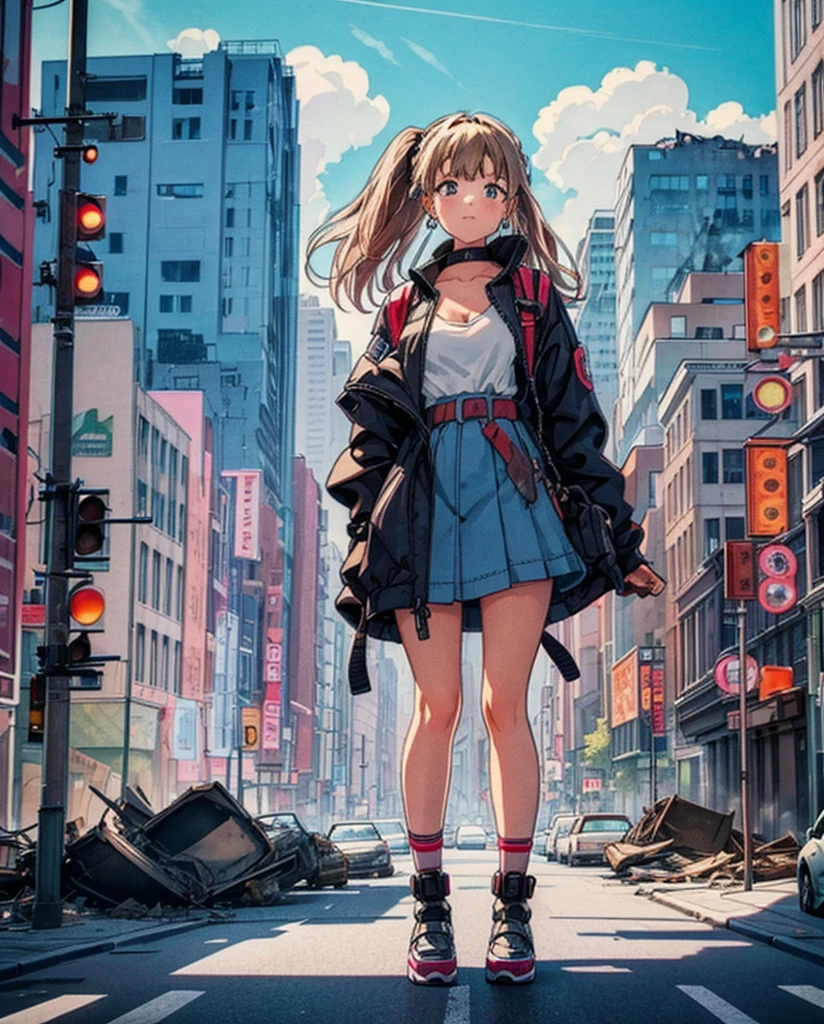 analog illustration style　(((Girl on the Road in the Big City))) 
((Destroyed city in flames)) ((Fire)) ((Destroyed buildings)) ((Destroyed cars)) ((Pile of rubble))

90's Giant (((Girl on the Road in the Big City))) Uniform Skirt 
((Dim cloudy sky)) Female Giant
huge girl
full body 
Destroyed skyscrapers, destroyed cars, crowd Unreal Engine,cleavage ,a drawing of a , earrings, long hair, 1980s (style)