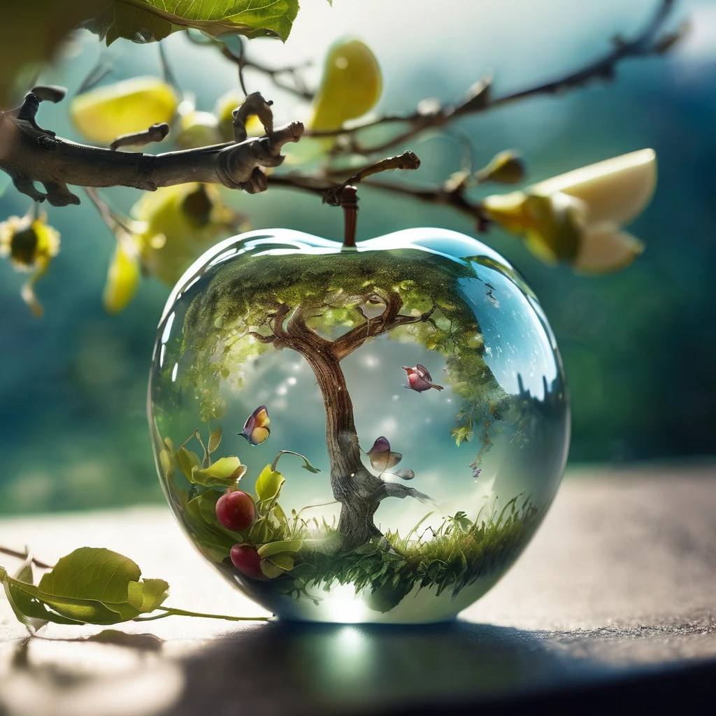 Double exposure photo image, A combination of a little fairyland, fairies and glass apples., Glass apple hanging on a tree branch with leaves, Inside the glass apple、There is a fairyland with fairies that have their own details, Finely chopped in a glass apple, Clear focus, Deep depth of field , Double exposure, Ultra-realistic, Very detailed, Ray Tracing, Cinematic, High resolution, Realistic (Double exposure:1.1)