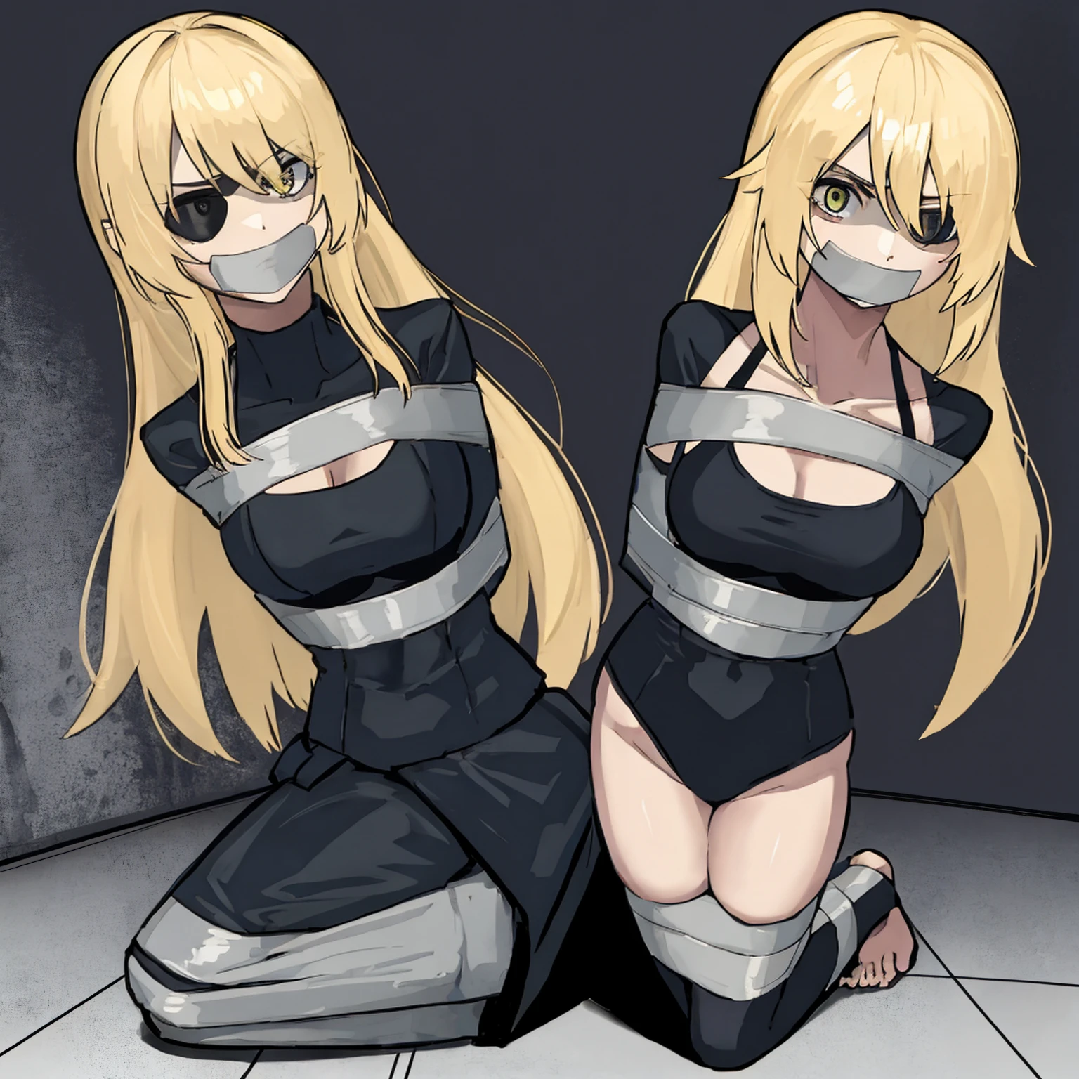 ((Full body shot, standing, feet on the ground)) (absurdres, 8k, 4k, masterpiece, hyper extreme detailed:1.2), (masterpiece), best quality, expressive eyes, highres, perfect eyes, 1girl, perfect face, perfect hands, standing, belt, 1girl, blonde hair, eyepatch, perfect anatomy, eyepatch, long hair, platinum blonde hair, muscular, toned body, strong, empty eyes, empty eyes, blank stare, straps, golden eyes, deadpan, expressionless, tired, fatigue, shaded face, floating, bondage, bdsm, bound, bdsm, tape gag, tape, tape bondage, restrained, tape wrapped, wrap gag, bondage, taped wrists, taped breasts, taped mouth, taped elbows, taped forearms, standing up, 1girl, arms behind back, shocked, wide eyes, bikini, swimsuit, two piece