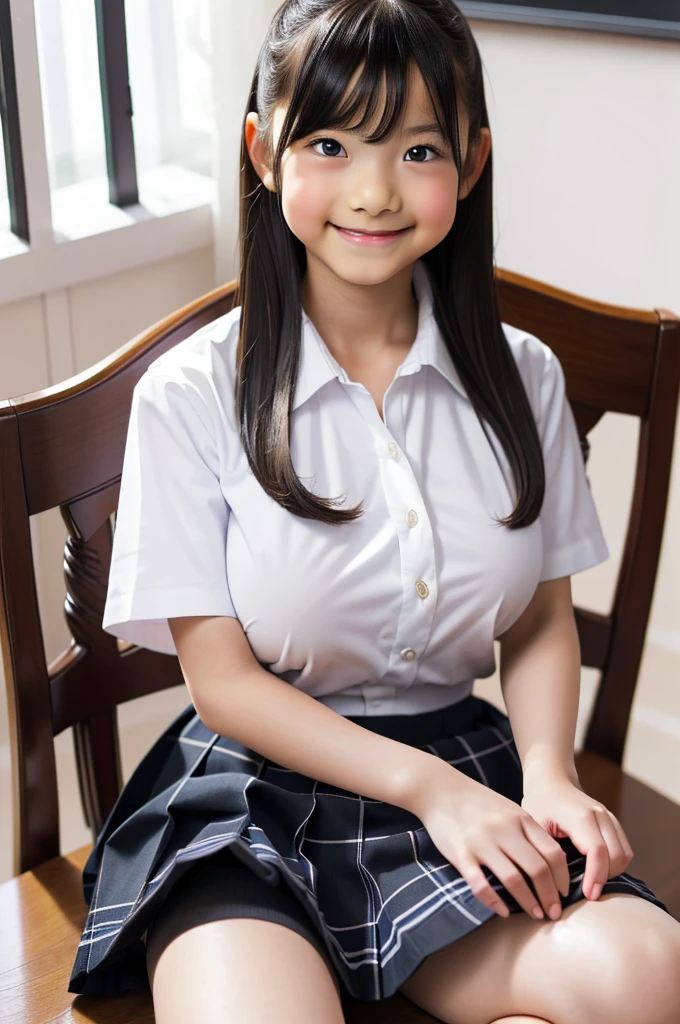 masterpiece, Highest quality, 8K, Young beautiful girl, Baby Face、Clothed Big Tits、((((((10 years old)))))),((Large Breasts:1.3)), photo shoot, Cute face,  Embarrassing、smile、 makeup, Ten generations, Detailed face, Long Hair、Black Hair、Narrow waist,((school uniform、White shirt、Checkered mini skirt))、Black knee-high socks,