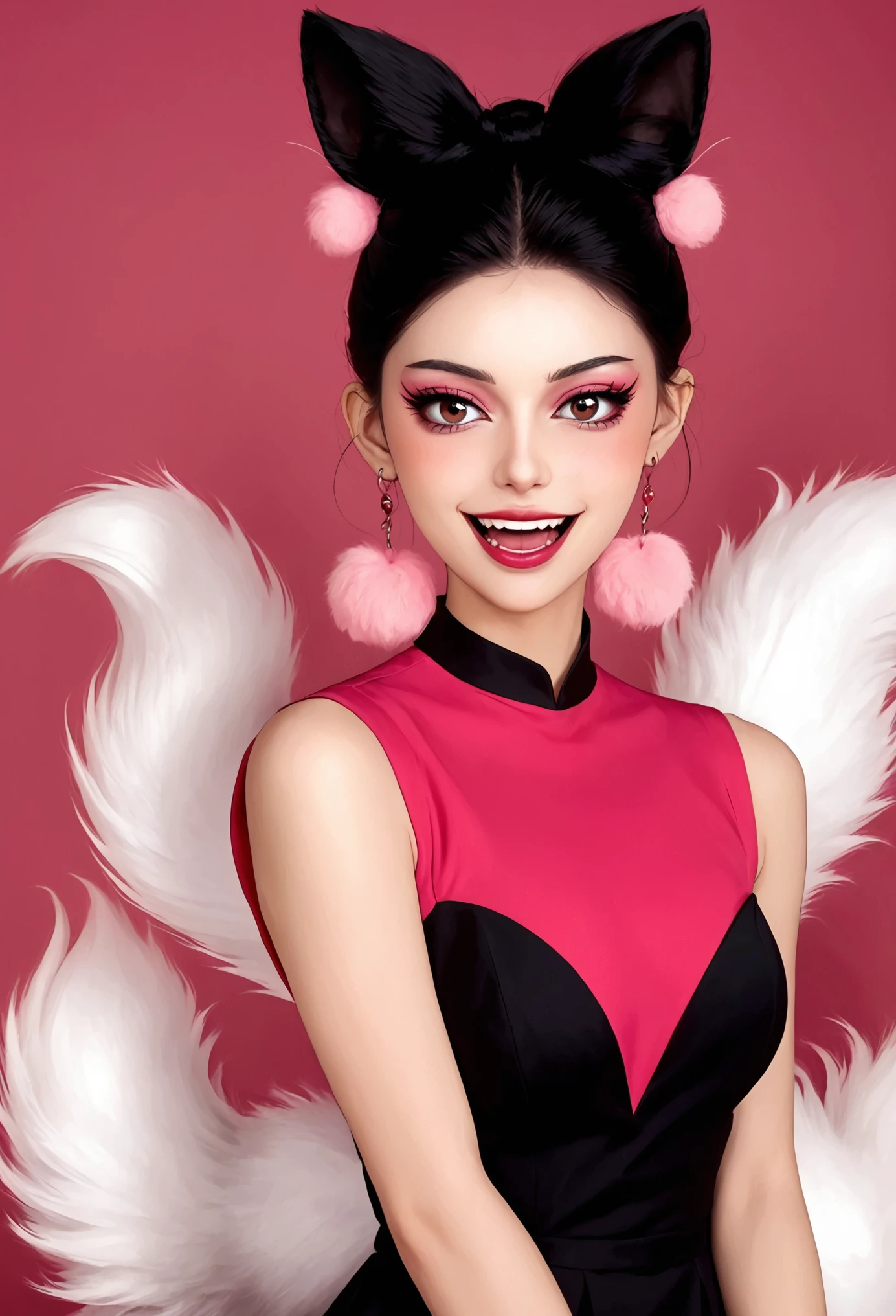 Beautiful face，beautiful eyes，Pink Eyeshadow，laughing out loud，Fangs，(((9 big, fluffy tails)))，Black high bun，Pink pompom earrings，Sexy red sleeveless dress