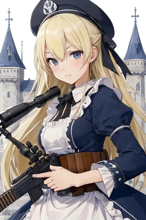 ((Highest quality:1.6)), ((detailed:1.4)), (Ultra-high resolution:1.6)(detailed:1.6), (Perfect Face:1.4), (detailedなイラスト:1.6), (Ultra-high resolution:1.6), girl, A very concentrated face, cute, Blonde, Small breasts, Black and white maid outfit, Blue ribbon, White apron, Gothic maid outfit, Long, Above the Battlements, On the wall, Defend the castle, European Castles, Castle, (Sniperrifleで狙撃:1.6), Sniper, Sniper, Sniperrifleを構えてる, rifle, gun, アサルトrifle, defense, gun撃戦, Looking through the scope, Aim at the enemy, Sniper from the top of the castle, Eyes are enemies, Side angle, 