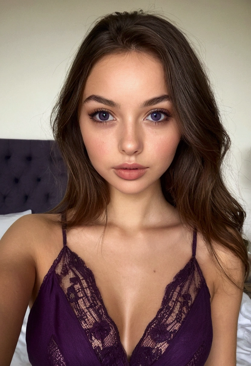 arafed femme pleinement , fille sexy aux yeux marrons, Ultra réaliste, minutieusement détaillé, portrait sophie mudd, cheveux bruns et grands yeux, selfie d'une jeune femme, yeux de la chambre, violette myers, sans maquillage, maquillage naturel, regarder directement la caméra, visage avec artgram, maquillage subtil, superbe photo de tout le corps à genoux sur le lit, dans la chambre, buste de taille moyenne à grande