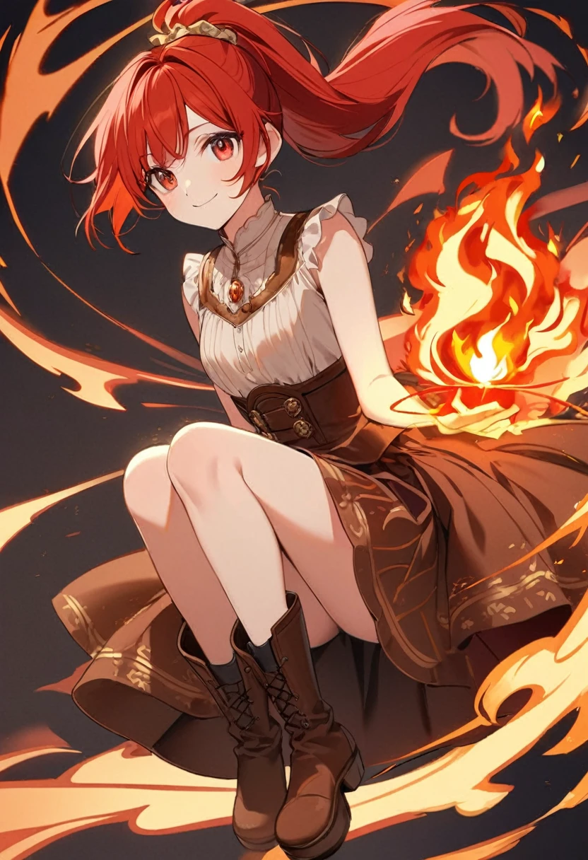 20 years old, long red hair, wears a ponytail, red eyes, always smiling. She dresses in an antique style, wearing a short brown skirt with black shorts underneath, ending above the knees. She wears knee-high brown boots. Her white blouse is sleeveless and features red details. She possesses fire powers and has a fire-themed background."