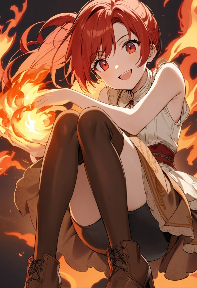 20 years old, long red hair, wears a ponytail, red eyes, always smiling. She dresses in an antique style, wearing a short brown skirt with black shorts underneath, ending above the knees. She wears knee-high brown boots. Her white blouse is sleeveless and features red details. She possesses fire powers and has a fire-themed background."