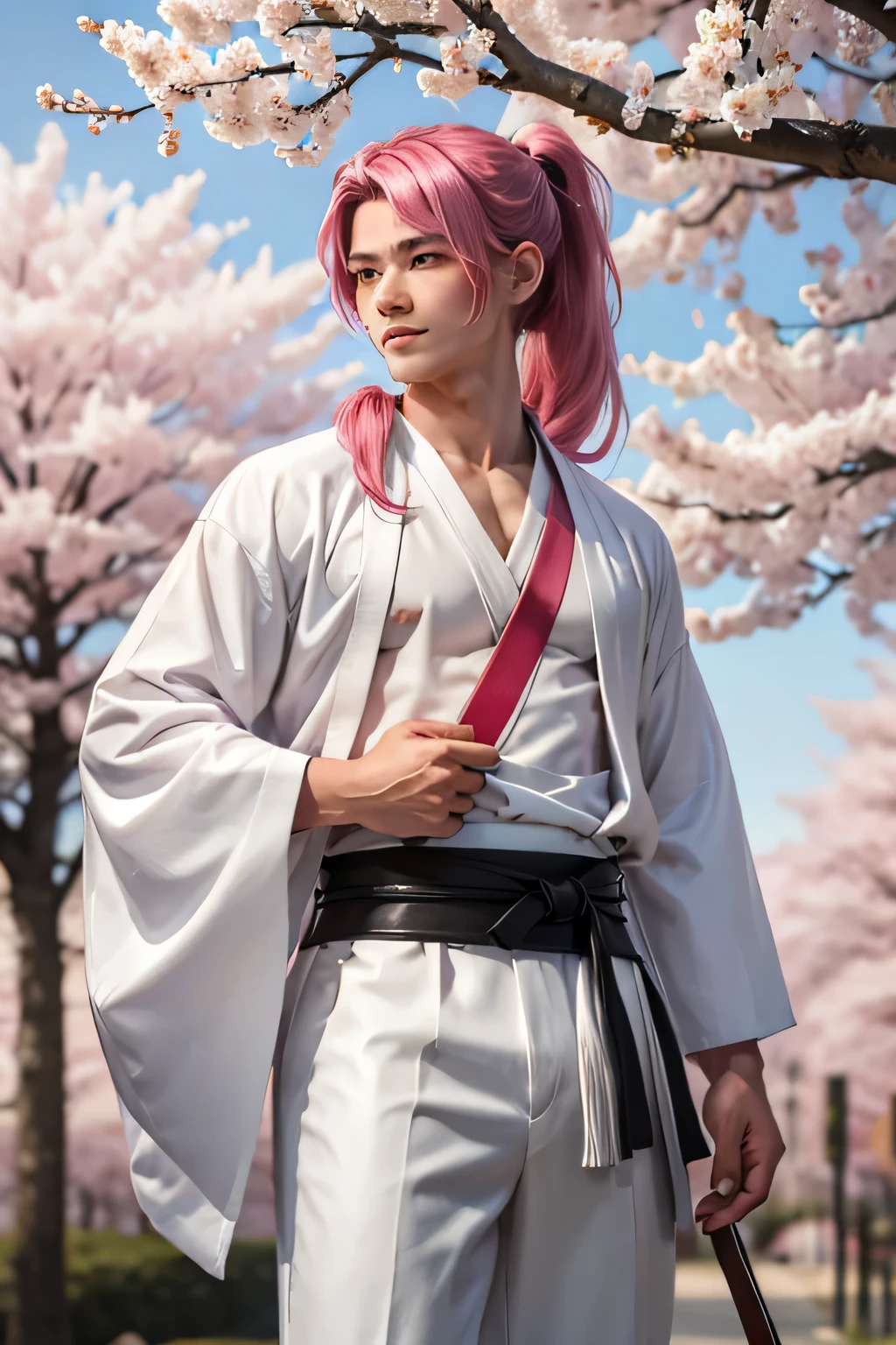 ((best qualityer)), ((work of art)), (detailded), 1 men, Youngh, Asian, pink hair, longye hair, samurai style, hair stuck, white outfit, leather pants, black pants, white shirt, kimono style shirt, japanese background, bow and arrow, bonitas, Cherry tree, flores de Cherry tree, styled hair, innocent, jovial, cabelo rabo de cavalo Asian, WELL DEFINED EYES, long hair in ponytail