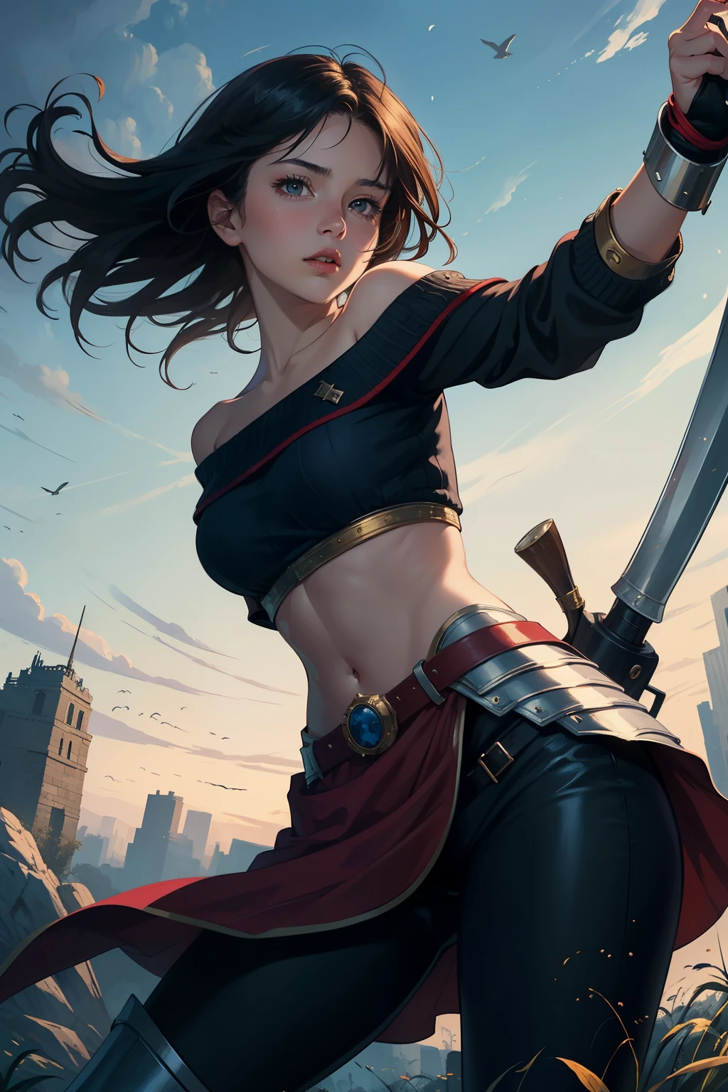 ((Best Quality)), ((masterpiece)), (detailed), 1 girl, off shoulder sweater, Heroic Protagonist*: Includes the hero or heroine in a powerful pose, in shining armor or mystical garb. He may be holding a legendary weapon or some magical item.