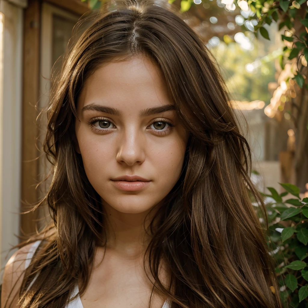 A photorealistic portrait of a 18-year-old italian girl with long, flowing brunette hair whith blonde highlights and striking hazel eyes. She should have a natural, approachable expression and be illuminated by soft, golden-hour sunlight. The background should be a scenic indoor setting, chamber. Capture this image with a high-resolution photograph using an 85mm lens for a flattering perspective, 4k, highly detailled.