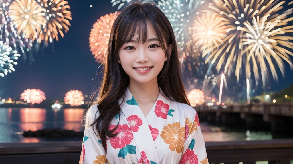 kawaii face, (1girl), (happy smile:1.2), (yukata), (Best Quality:1.4), Realistic, extremely detailed CG unified 8k wallpaper, highly detailed, High-definition raw color photos, professional photography, Realistic portrait, Beautiful detailed, Close up portrait of girl, Outdoors, Beautiful scenery, beach, (The night sky, fireworks, beautiful fireworks spreading across the sky:1.4), so beautiful, upper body photos, amazingly beautiful sight, A wonderful, (Fine face:1.2),