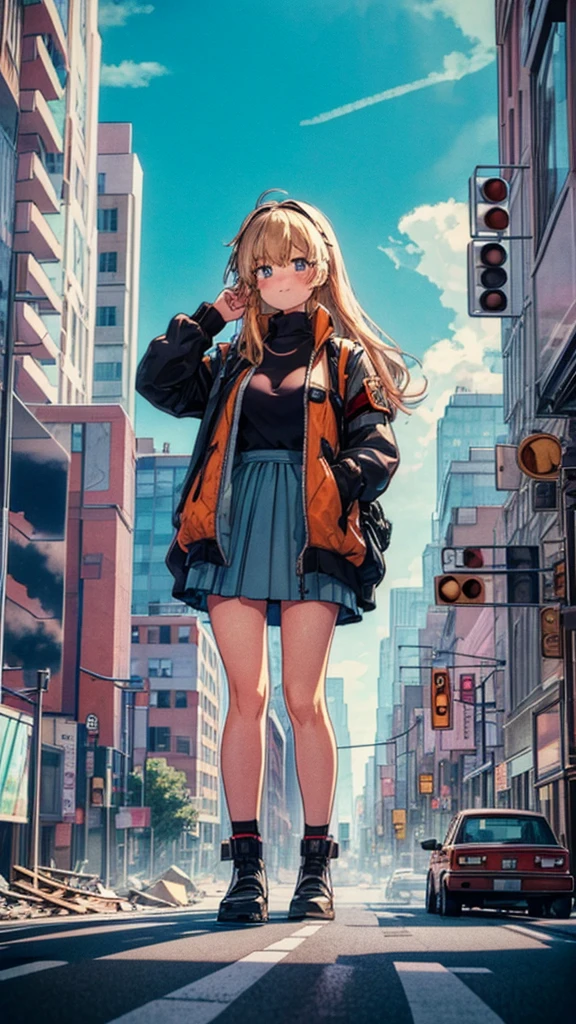 analog illustration style (((Girl on the Road in the Big City)))
((Destroyed city in flames)) ((Fire)) ((Destroyed buildings)) ((Destroyed cars)) ((Pile of rubble))
90's Giant (((Girl on the Road in the Big City))) Uniform Skirt
((Dim cloudy sky)) Female Giant
huge girl
full body
Destroyed skyscrapers, destroyed cars, crowd Unreal Engine,cleavage ,a drawing of a , earrings, long hair, 1980s (style)