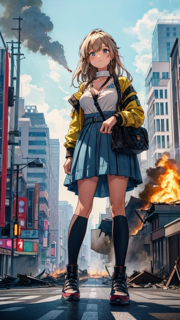 analog illustration style　(((Girl on the Road in the Big City))) 
((Destroyed city in flames)) ((Fire)) ((Destroyed buildings)) ((Destroyed cars)) ((Pile of rubble))

90's Giant (((Girl on the Road in the Big City))) Uniform Skirt 
((Dim cloudy sky)) Female Giant
huge girl
full body 
Destroyed skyscrapers, destroyed cars, crowd Unreal Engine,cleavage ,a drawing of a , earrings, long hair, 1980s (style)