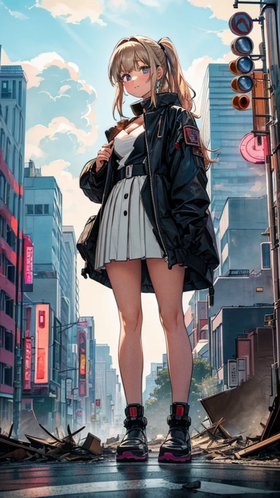 analog illustration style　(((Girl on the Road in the Big City))) 
((Destroyed city in flames)) ((Fire)) ((Destroyed buildings)) ((Destroyed cars)) ((Pile of rubble))

90's Giant (((Girl on the Road in the Big City))) Uniform Skirt 
((Dim cloudy sky)) Female Giant
huge girl
full body 
Destroyed skyscrapers, destroyed cars, crowd Unreal Engine,cleavage ,a drawing of a , earrings, long hair, 1980s (style)
