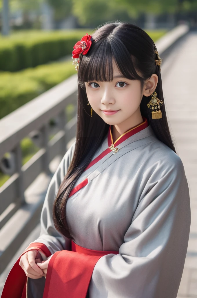 bra,masterpiece, Highest quality, One girl, alone, Long Hair, View your viewers, smile, bangs, hair ornaments, Red eyes, Long sleeve, dress, Are standing, clavicle, Gray Hair, Grey Hair, Alternative costume, Wide sleeves, wood, Chinese clothing, hairpin, Hanfu, Ningguang City (Genshin Impact), Ningguang City,