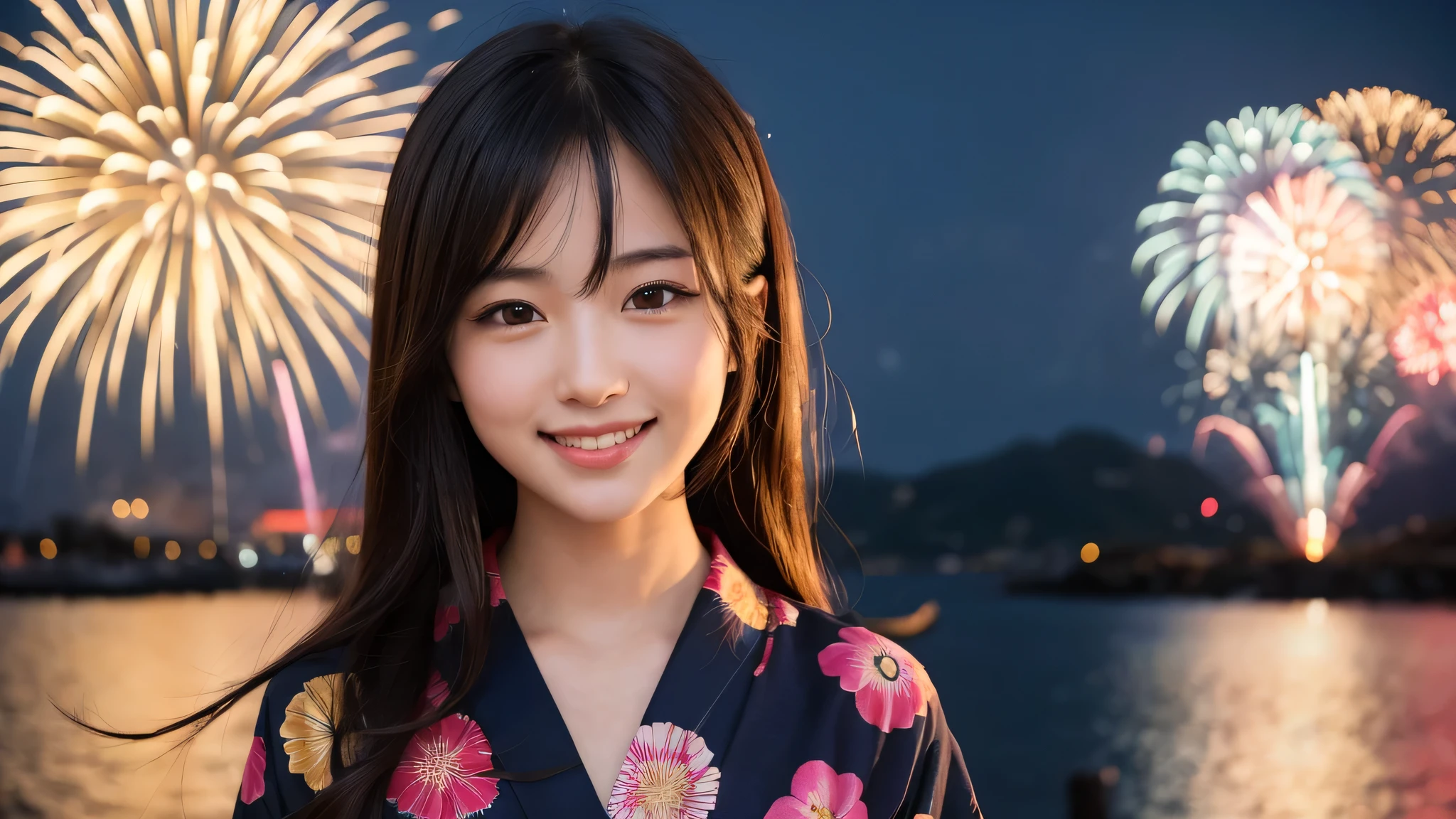 kawaii face, (1girl), (happy smile:1.2), (yukata), (Best Quality:1.4), Realistic, extremely detailed CG unified 8k wallpaper, highly detailed, High-definition raw color photos, professional photography, Realistic portrait, Beautiful detailed, Close up portrait of girl, Outdoors, Beautiful scenery, beach, (The night sky, fireworks, beautiful fireworks spreading across the sky:1.4), so beautiful, upper body photos, amazingly beautiful sight, A wonderful, (Fine face:1.2),