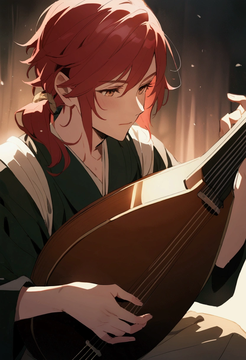 A young bard with red hair waking up drowsily, rise sun